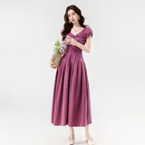 Daiiibabyyy  New Summer French Elegant Sexy Slash Neck Simple Summer Dress Women's Slim Waist Fuff Short Sleeve Solid Long Evening Dress
