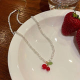 DAIIIBABYYY  -  Elegant Pearl Cherry Pendant Necklace for Women Sweet Choker Necklaces Neck Chain for Wedding Party Jewelry Gift