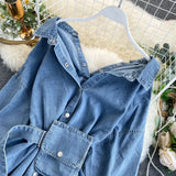 Daiiibabyyy  Casual Denim Shirt Tie Waist Adjustable Denim Shirt Backless Multiway Versatile Jean Blouse Short Sleeve Loose Denim Top