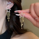 Daiiibabyyy  Gold Electroplated Colored Inlaid Rhinestone Star Tassel Earrings for Women Fashion Atmosphere Drop Earring Trendy Jewelry