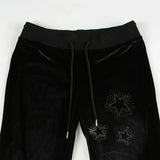 Daiiibabyyy  Women's Low Waist Pants Black Slight Flare Trousers Star Embellished Velvet Pants Drawstring Waist Wide Leg Flared Pants