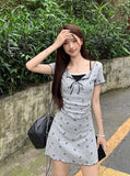 Daiiibabyyy  Korean Floral Sweet Dress Women Lace Patchwork Slim Mini Dress Casual Fashion Preppy Style Short Sleeve Female Cute Dress