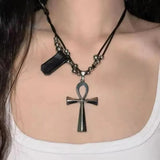 Daiiibabyyy  Punk Gothic Metal Cross Pendant Black Rope Long Sweater Chain Necklaces For Women Men Y2K Vintage Grunge 90s Jewelry Rock Gifts