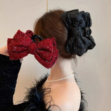 Daiiibabyyy Elegant Solid Colour Big Bow Hair Clips Woman Ponytail Claw Clip Sparkling Clips Hairpin Girls Headdress Hair Accessories Gifts