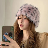 Daiiibabyyy Retro Hot Girl Leopard Plush Bucket Hats Women Autumn and Winter Imitation Fur Thickened Thermal Pullover Fashiona Basin Cap
