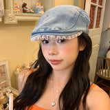 DAIIIBABYYY  -  Fashion Hot Diamond Bow Lace Edge Berets for Women Spring and Summer Casual Versatile Korean Version Retro Denim Forward Hat