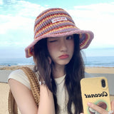 DAIIIBABYYY  -  Korean Fashion Contrasting Stripes Hollow Bucket Hats for Men and Women Summer Travel Sunscreen Versatile Leisure Basin Cap