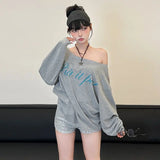 DAIIIBABYYY  -  Commuting Loose Casual Style Spicy Girl Japanese Retro Letter Printed Slanted Neck Shirt Women Slim Versatile Top