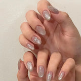 Daiiibabyyy  White Glitter Powder Bowknot Long Pointed Fake Nails Art Ballet False Nail Cow Print Pearl Rhinestone Pink Almond Press on Nails