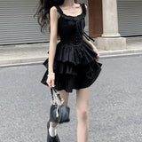 Daiiibabyyy  French Style Sweet Ball Gown Aura Slip Dresses Summer Solid Color Female Clothing Fashionable Drawstring Bow Waist Mini Dress