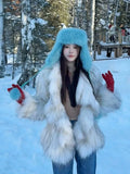 Daiiibabyyy  Plush Pom Pom Laced Up Bomber Hats Women Winter Warm Imitation Mink Ear Pilot Hat Cute Tail Hanging Ball Tether Snow Ski Beanies
