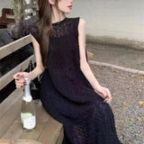 DAIIIBABYYY  -  Design Sense of Niche Fold Wear Smock Knit Sundress Summer New Hollowed-out Sweater Women Slit Sundress