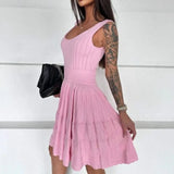 Daiiibabyyy  Knitted Hollow Mini Dress Fashion Slim Sleeveless Pleated A-line Dress New Vintage High Waist Y2k Women Dresses Vestidos