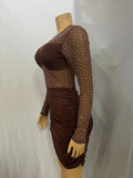 DAIIIBABYYY  -  Sexy Slim Fit Spliced Diamond Mini Dresses For Women Round Neck Long Sleev High Waist Folds Temperament Short Dress Female