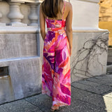Daiiibabyyy  Elegant Sleeveless Waist Long Romper Fashion Pattern Print Split Suspenders Playsuit Sexy Off Shoulder Tie-Up Bohe Jumpsuit