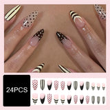 Daiiibabyyy  24pcs INS French False Nails with Black Dot Printed Yellow Stripe Design Press on Nails for Women Wearable Almond Fake Nails