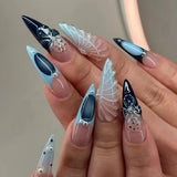 Daiiibabyyy  24pcs Blue French Stilettos Press on Nails Golden Smudge Design Full Cover Nail Tips Long Almond False Nail Datachable Fake Nail
