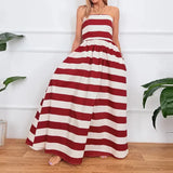 Daiiibabyyy  Striped Print Fashion Summer Long Dress Sexy Strapless Waist Pleated Holiday Dress Women Elegant Sleeveless Pocket Party Dresses
