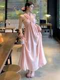 Daiiibabyyy Women Elegant Pink Sleeveless Backless Long Dresses Summer Holiday Goddess High Waist Halter Pleated A-line Sundress Vestido