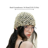 Daiiibabyyy  Retro Vintage Sequin Woven Cap Y2k Knit Sequin Bucket Hat Thin Hollow Beanie Hats Summer