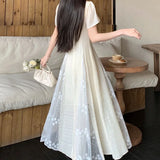 DAIIIBABYYY  -  Lace Patchwork Design V-neck Short Sleeved Dress New French Style Gentle Women's Tie Up Clothing Slim Waist Stylish Long Dresses