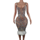 DAIIIBABYYY  -  Luxury Sheer Sleeveless Sparkly Crystals Beaded White Feather Dresses Black Girls Short Prom Dresses Birthday Party Gowns Meihua