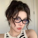 Daiiibabyyy -  Y2K Retro Oval Frame Anti-Blue Light Glasses Sweet Cool Girls Black White Eye Glasses Vintage Simple Women Plain Glasses Eyewear