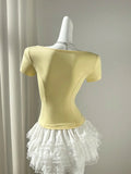Daiiibabyyy  Yellow Floral Embroidery Ruffle Patchwork Heart Neck Waist Cinched Short Sleeve Top
