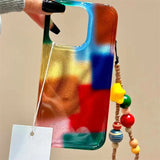 Daiiibabyyy  Water ripple IND splicing grid phone case with chain for iPhone 11 12 13 14 15 16 17 Pro Max