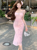 DAIIIBABYYY  -  Women Pink Mesh Patchwork Jacquard Diamonds Sling Long Dress Summer Elegant Casual Holiday Dress 2025 Korean Bodycon Party Dress