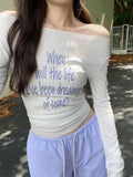 DAIIIBABYYY  -  Y2k Aesthetics White Letter Print Vintage Tops 2025 Spring Harajuku Slim Fit Slash Neck T-shirt Streetwear Grunge Bodycon Tees