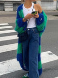 Daiiibabyyy Stripe Women Knit Splice Cardigans Loose Autumn Winter Vintage Full Sleeve Long Coat Ladies Casual Street Jacket Knitwear