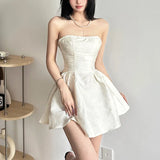 Daiiibabyyy Summer Harajuku Strapless Dress Solid Casual A-Line High Dress Waist Loose Printing Slash Neck Short Mini Dresses Woman