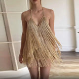 Daiiibabyyy  Sexy Backless A-line Dresses Tassel Slim Fit Summer Women's Evening Dress Elegant Sleeveless Hollowed Out Club Short Dress