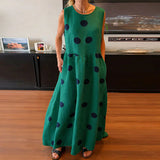 Daiiibabyyy  Elegant High Waist Vacation Dress Leisure Crew Collar Sleeveless Polka Dot Printed Dress Summer Fashion Loose Pleated Maxi Dress