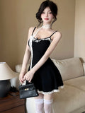 DAIIIBABYYY  -  Black Patchwork Lace Bow Sling Sexy Mini Dresss Women Elegant Casual Y2k Dress Summer Korean Fashion Bodycon Evening Dress