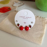 Daiiibabyyy  Cute Lovely 3 Pairs/Set Red Enamel CZ Cubic Zirconia Heart Apple Simulation Fruit Stud Earrings for Women Casual Jewelry