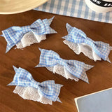 Daiiibabyyy  Girls Sweet Bowknot Hairpin Japanese Style Lace Bow Hair Clip Light Blue Checkered Pattern Bow Headwear