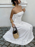Daiiibabyyy  Elegant strapless waist cinching slimming dress with polka dot sexy off shoulder spring/summer new A-line skirt