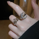 Daiiibabyyy New Rhinestone Pentagram Star Moon Ring for Women Charm Cool Trendy Aesthetic Luxury Accessories Korean Fashion Jewelry Gift