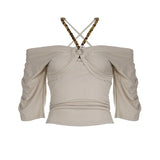 Daiiibabyyy  Short Sleeve Blouse For Woman Off Shoulder T-shirt Top Fitted Square Neck Tops Vintage Crop Top Beige Ruched Ribbed Knit