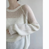 Daiiibabyyy   -  Sexy Transparent Hollow Out Women Sweaters Round Collar Long Sleeve Loose Thin Knitted Pullovers Candy Color Tops
