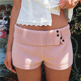 Daiiibabyyy  Women's Knit Crochet Micro Shorts Casual Slim Fit Stylish Decorative Button Ribbed Trim Foldover Mid Rise Shorts Y2K Streetwear