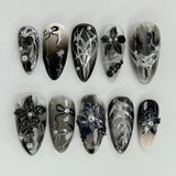 Daiiibabyyy  24Pcs French White Gradient Almond Press on Nails Flower Pattern False Nails with 3D Rhinestone Design Fake Nail Art