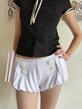 Daiiibabyyy  Y2K Grunge Women White Double Button Pocket Elastic Waist Ruffle Hem Bubble Shorts