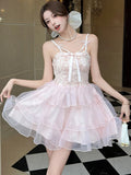 DAIIIBABYYY  -  New Pink Jacquard Patchwork Ruffled Mesh Mini Dress Women Elegant Bow Sling Dresses Summer Korean Bodycon Casual Y2k Dress