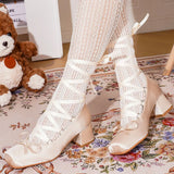 DAIIIBABYYY  -  Sweet Lolita Ballet Style Pumps Women's Big Size 43 Pink High Heels Shoes Ribbon Cross Lace-up Mary Jane Shoes