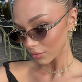 Daiiibabyyy  Retro Frameless Trimmed Cat Eye Rivet Small Frame Sunglasses for Men and Women Round Face Slimming Hip-hop Trampoline Sunglasses