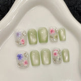 Daiiibabyyy  10pcs Gentle Purple Ice Flower Press On Nails Glass Bead Cat's Eye Wine-red French Style Handmade False Nails DIY Fake Nail Tips