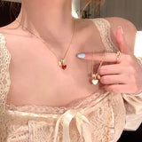 Daiiibabyyy  Cute Romantic Multicolor Enamel Circle Red Heart CZ Zircon Pendant Necklaces for Women Gold Plated Chain Chokers